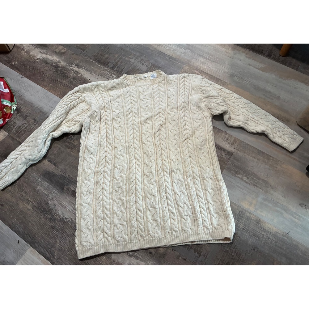 Ann Taylor Vintage Cream Cable Knit Sweater 100% Cotton Ivory Crew Neck Pullover